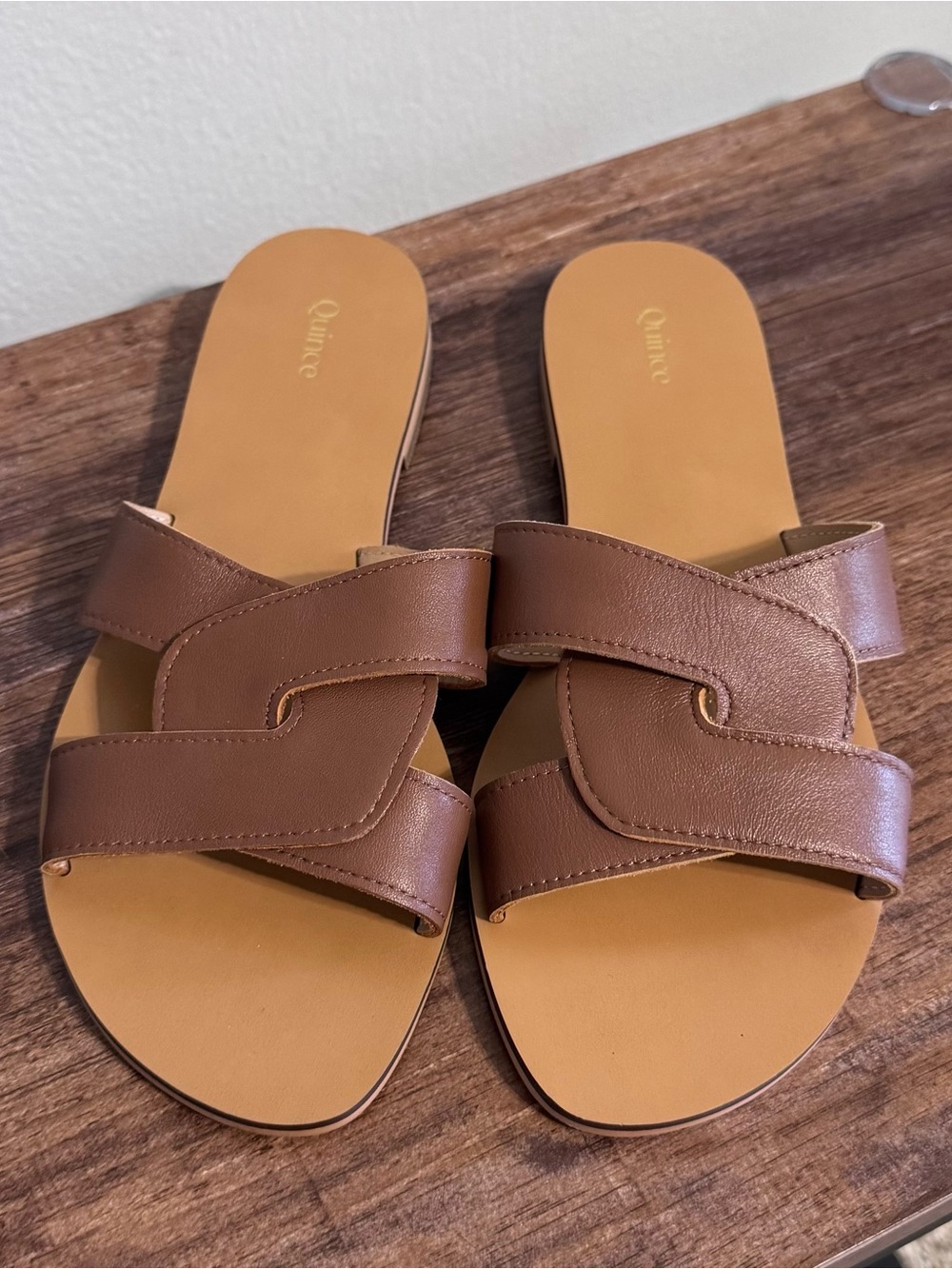Quince Italian Leather Cognac Brown Slide Sandals Women’s Size 7